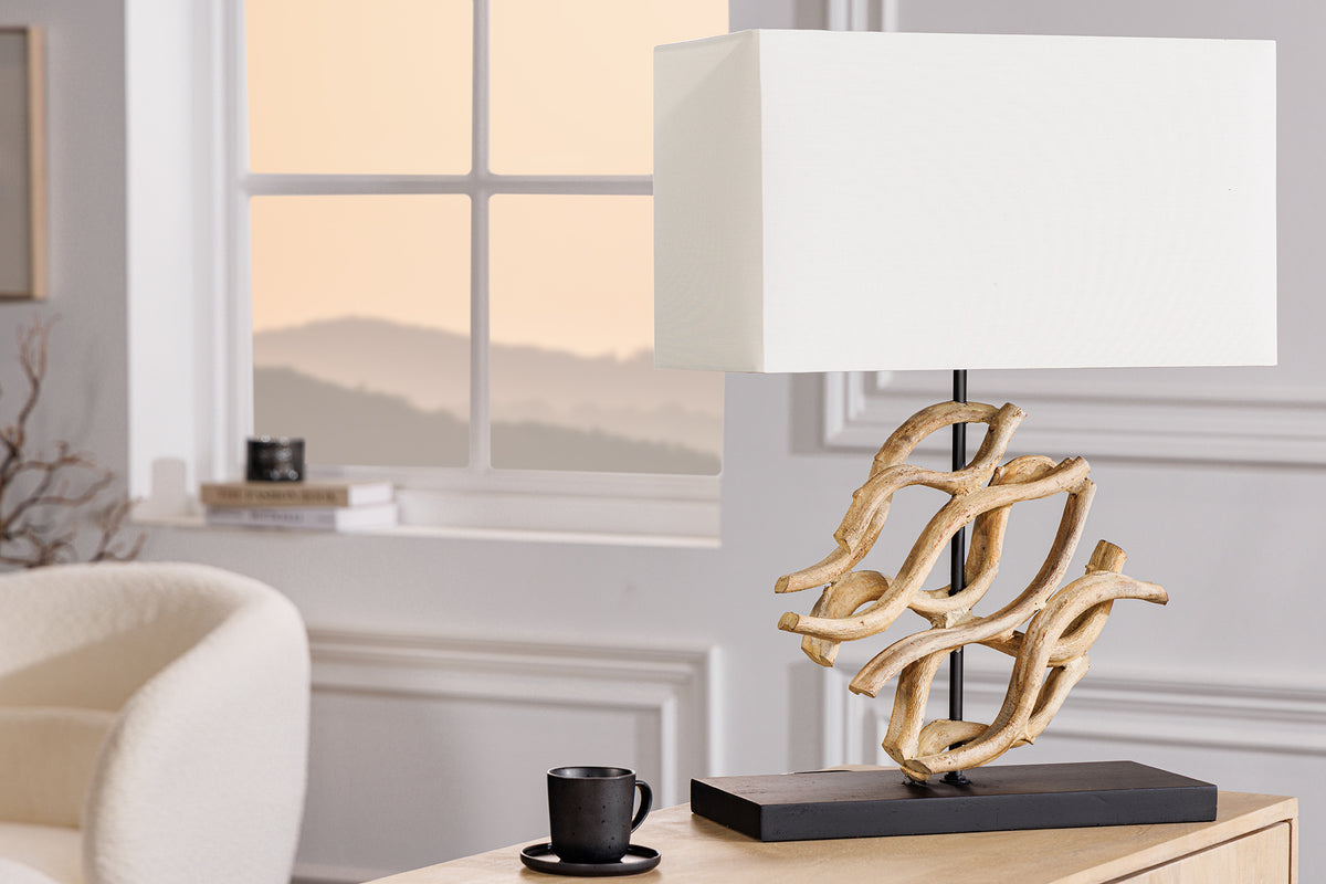 Design Tischlampe WAVE 60cm natur Massivholz handmade weiß Baumwollschirm