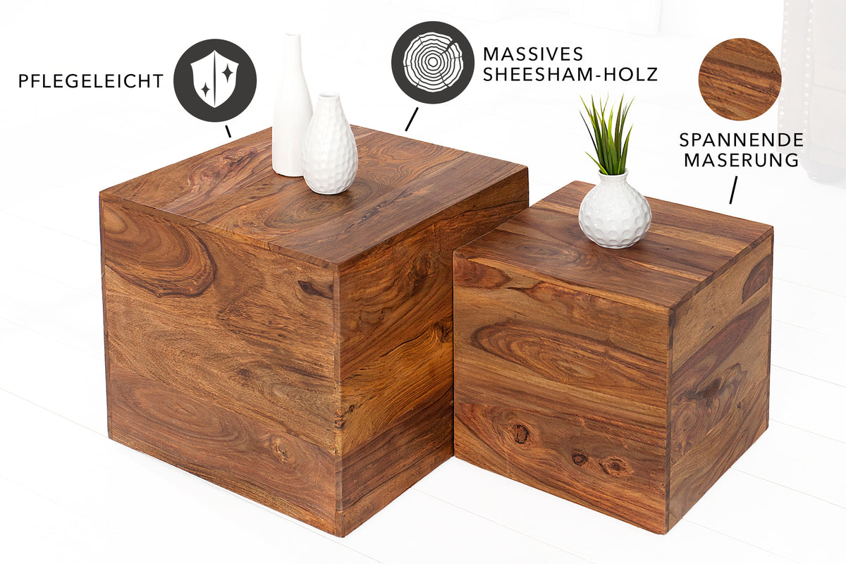 MAKASSAR 2er Set Beistelltische Würfel 40cm Sheesham Massivholz stone finish Couchtische