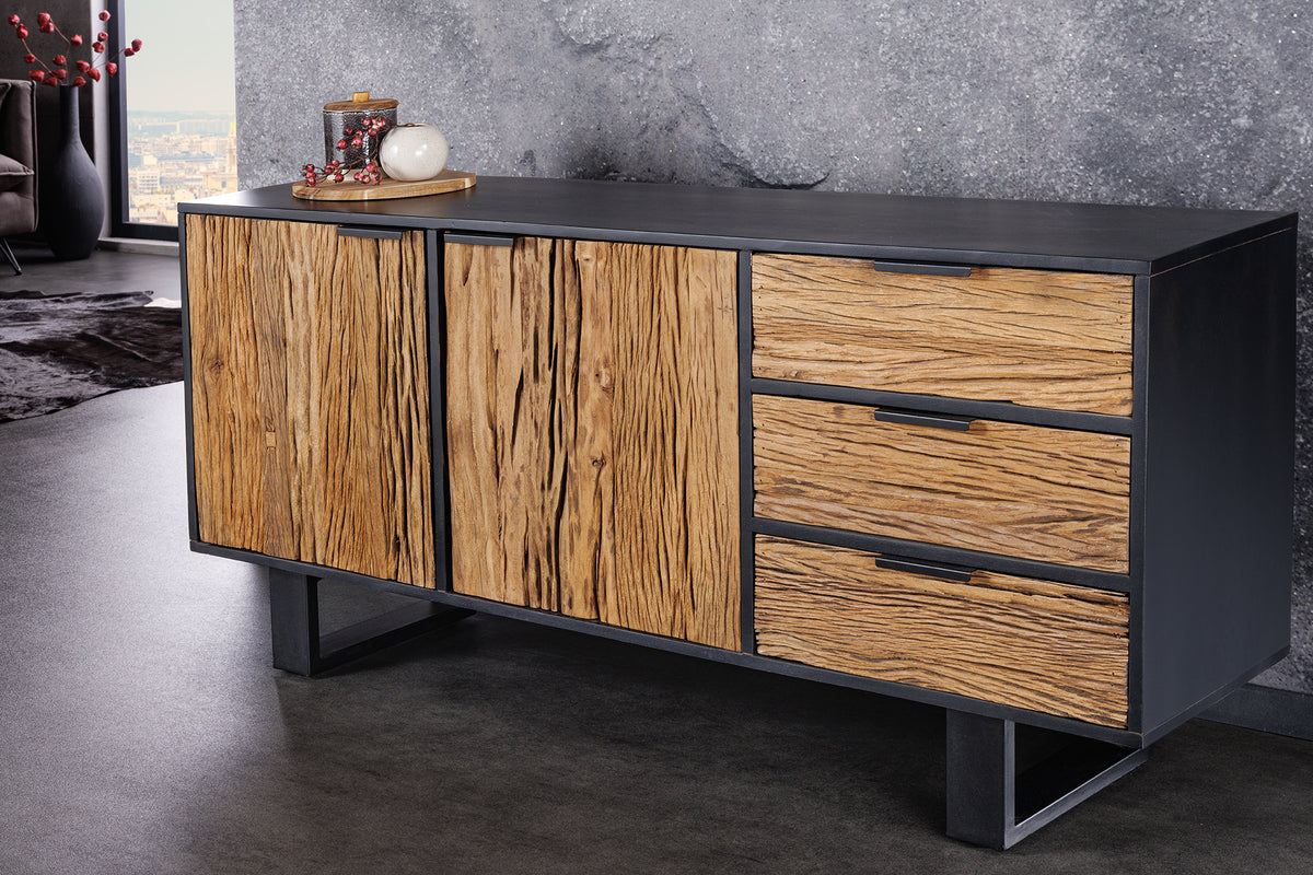 Massivholz Sideboard BARRACUDA 150cm Teak Mango schwarz Metall recycelt