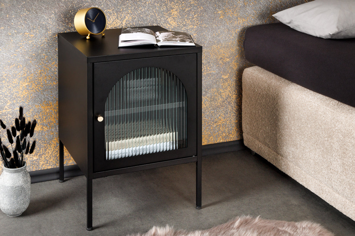 Moderner Nachttisch PARIS 60cm schwarz Metall Riffelglas Vitrinenschrank