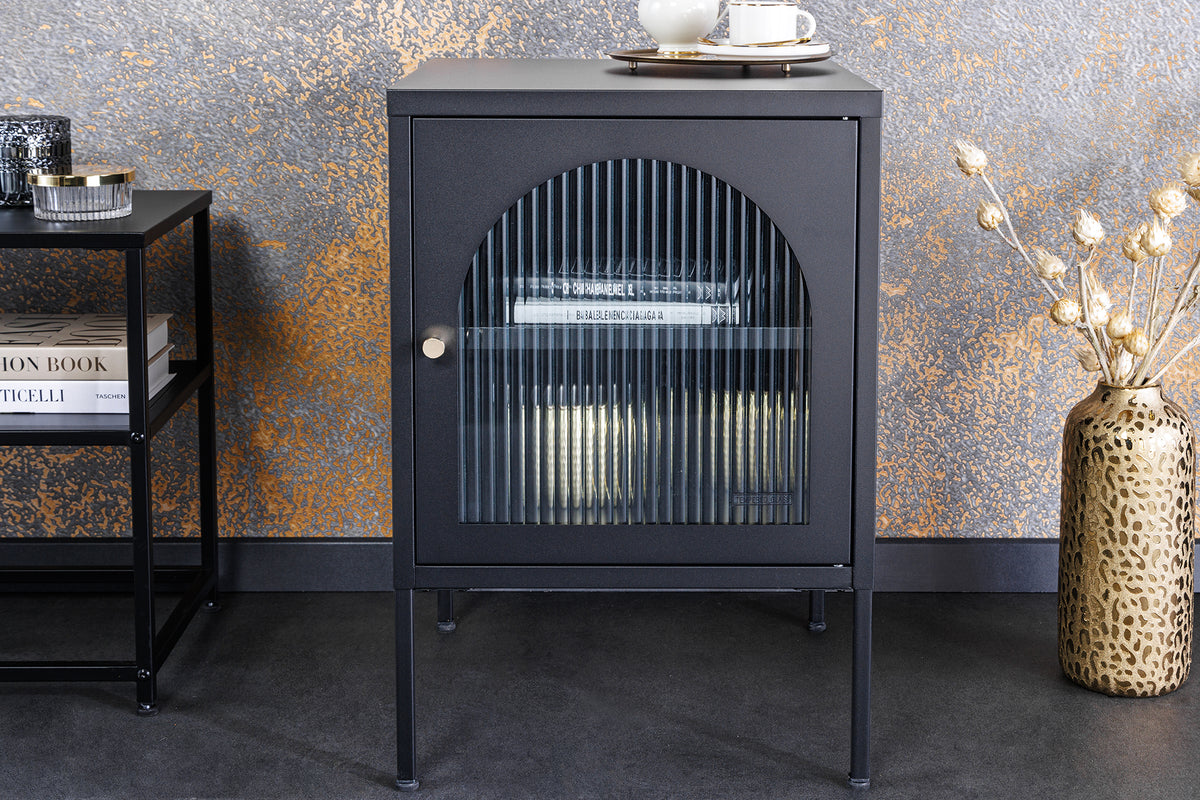 Moderner Nachttisch PARIS 60cm schwarz Metall Riffelglas Vitrinenschrank