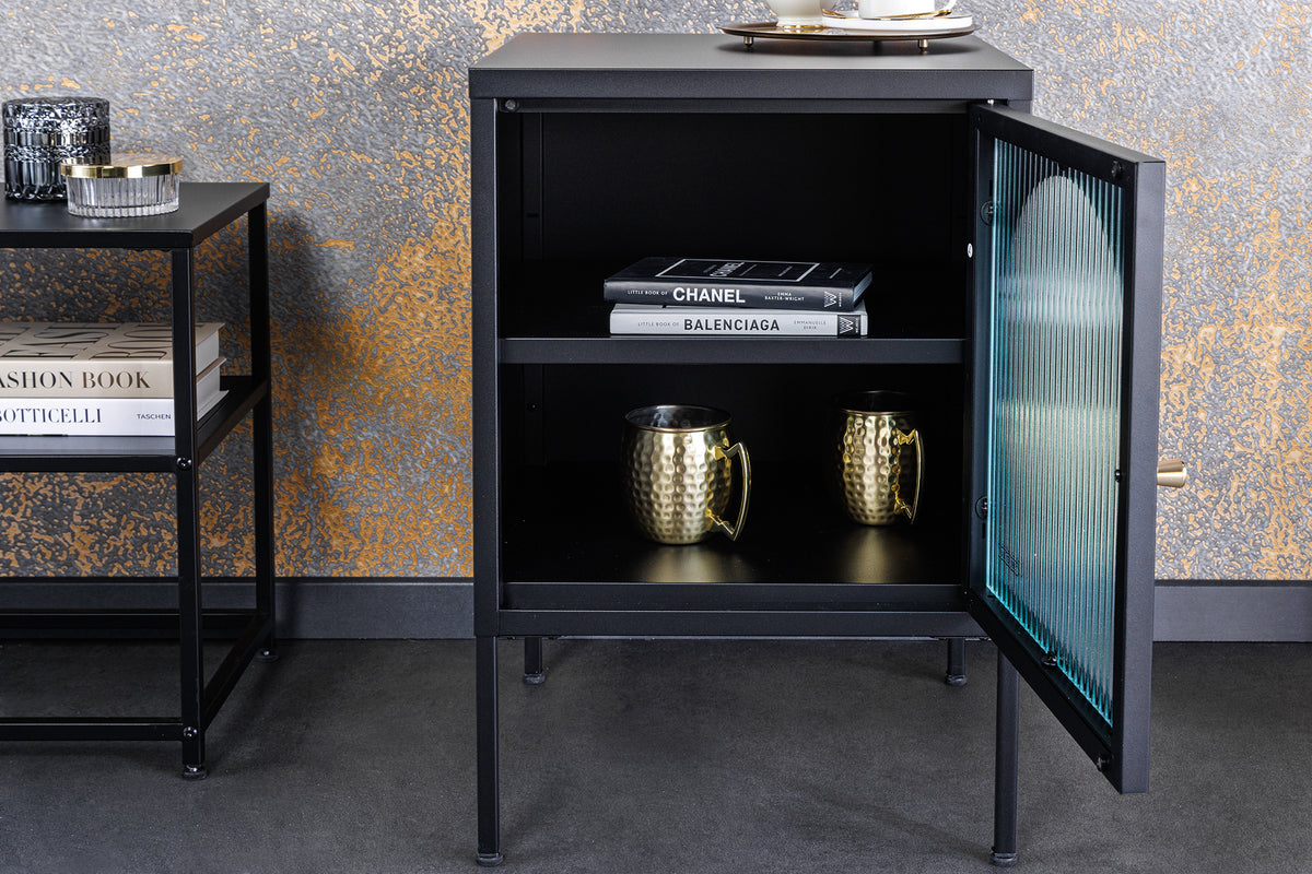 Moderner Nachttisch PARIS 60cm schwarz Metall Riffelglas Vitrinenschrank