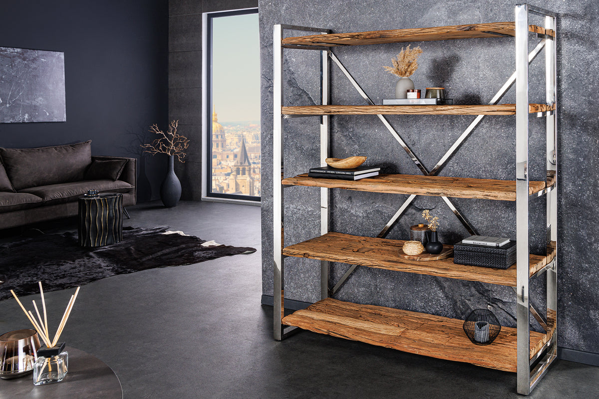 Massivholz Regal BARRACUDA 185cm braun Teakholz silber Edelstahl verchromt Bücherregal