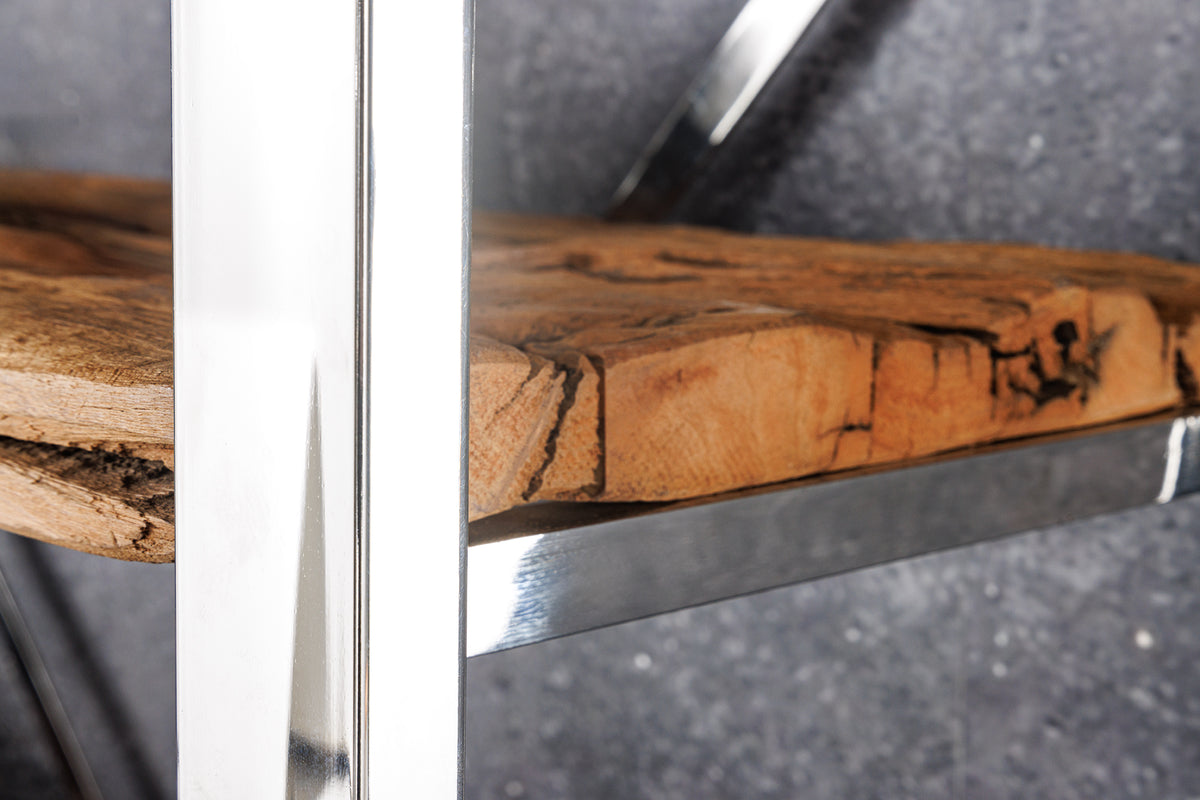 Massivholz Regal BARRACUDA 185cm braun Teakholz silber Edelstahl verchromt Bücherregal