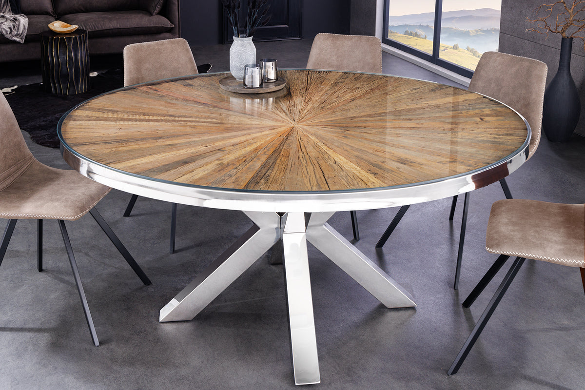 Runder Esstisch BARRACUDA braun Teak Massivholz Glas silber Edelstahl verchromt