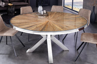 Runder Esstisch BARRACUDA braun Teak Massivholz Glas silber Edelstahl verchromt