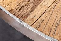 Runder Esstisch BARRACUDA braun Teak Massivholz Glas silber Edelstahl verchromt