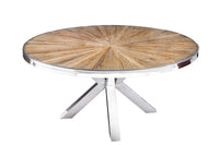 Runder Esstisch BARRACUDA braun Teak Massivholz Glas silber Edelstahl verchromt