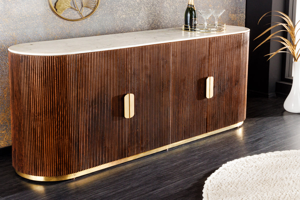 Design Sideboard GATSBY 170cm braun gold Mangoholz weiße Marmorplatte