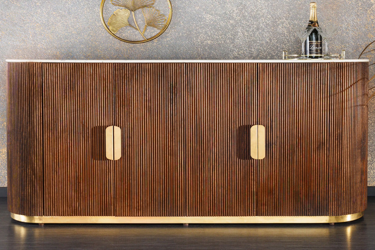 Design Sideboard GATSBY 170cm braun gold Mangoholz weiße Marmorplatte