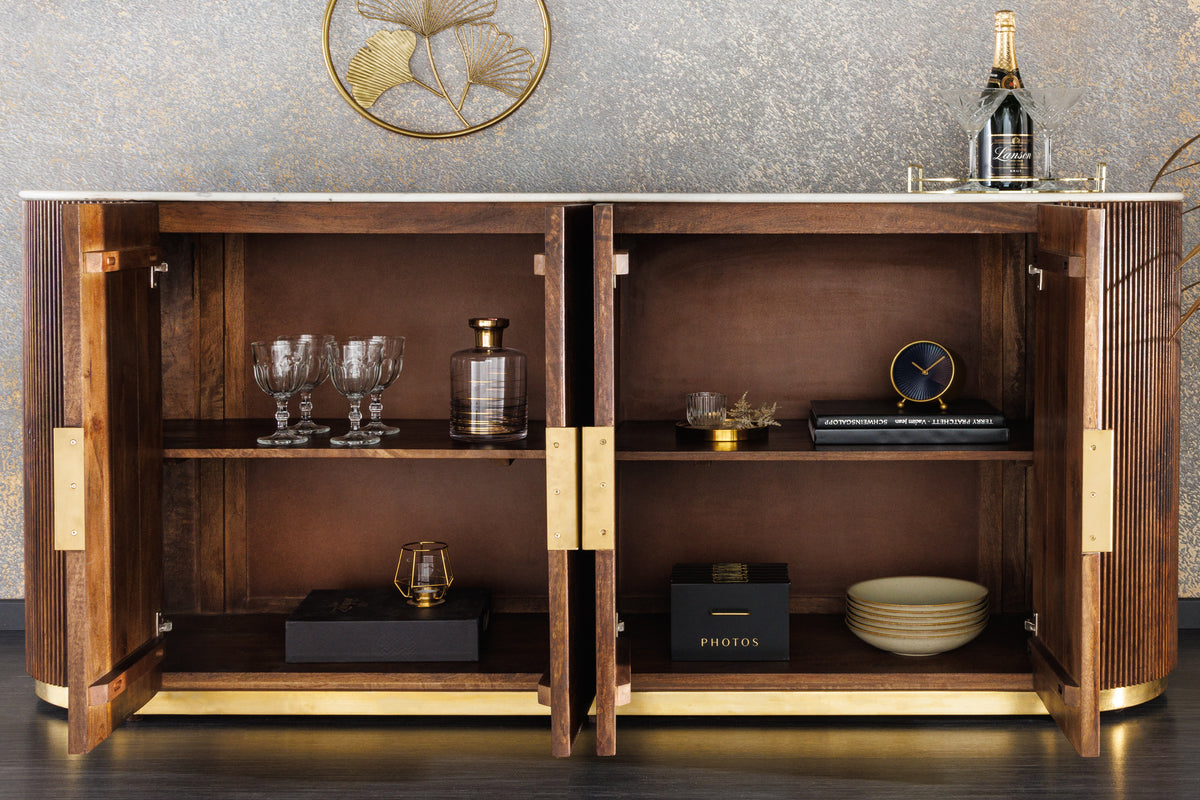 Design Sideboard GATSBY 170cm braun gold Mangoholz weiße Marmorplatte