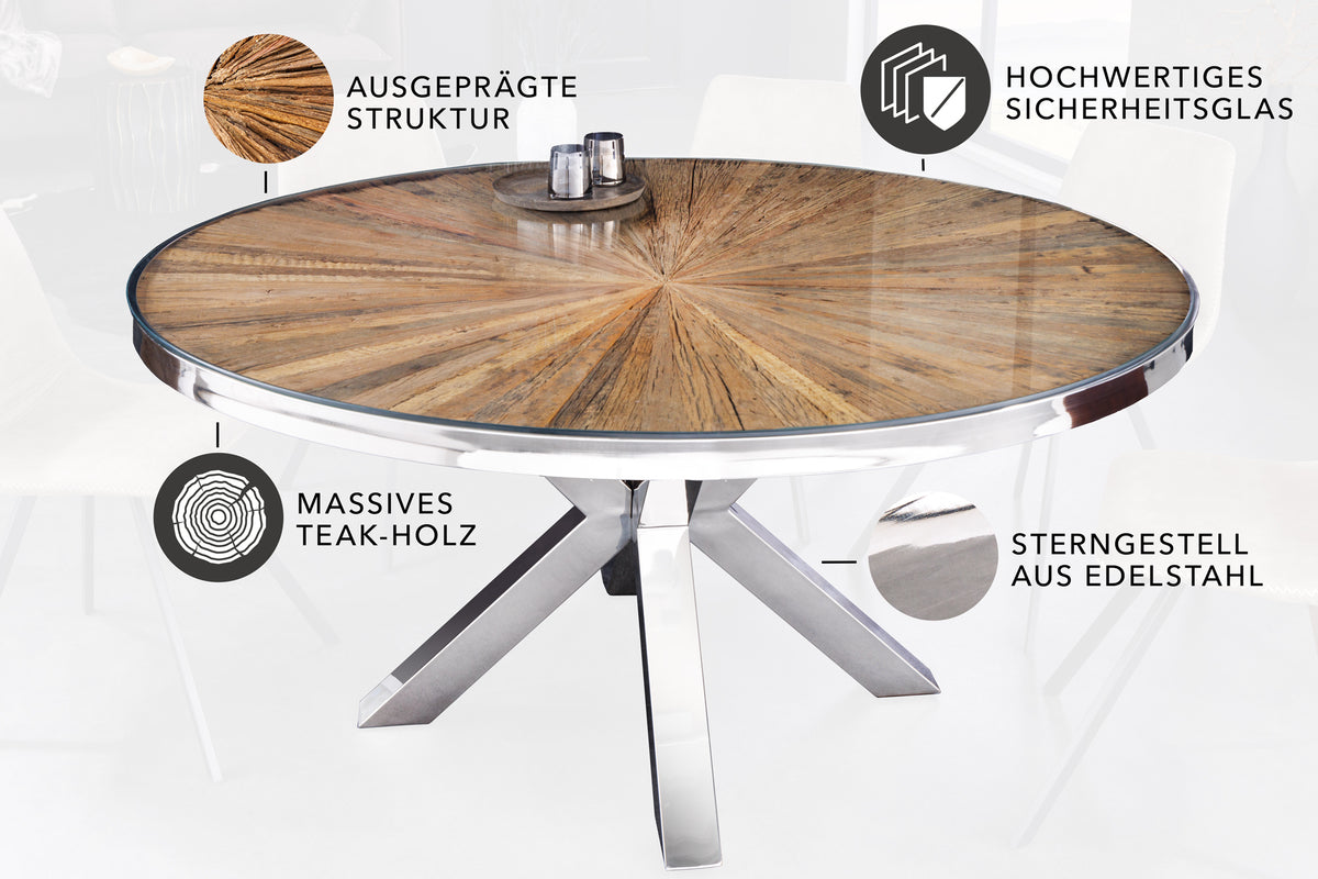 Runder Esstisch BARRACUDA braun Teak Massivholz Glas silber Edelstahl verchromt
