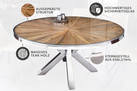 Runder Esstisch BARRACUDA braun Teak Massivholz Glas silber Edelstahl verchromt