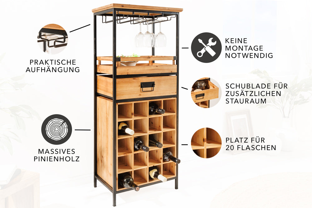 Massivholz Weinregal SEVENS SEAS 120cm natur Pinienholz schwarz Metall Flaschenregal