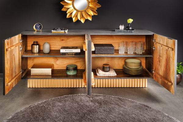 PIAZZA SAN MARCO Handgefertigtes Sideboard 180cm grau gold Mangoholz massiv 3D-Design