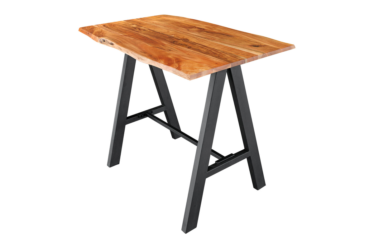 Massivholz Bartisch MAMMUT 120cm natur Akazie Baumkante Metall schwarz mit Fußablage