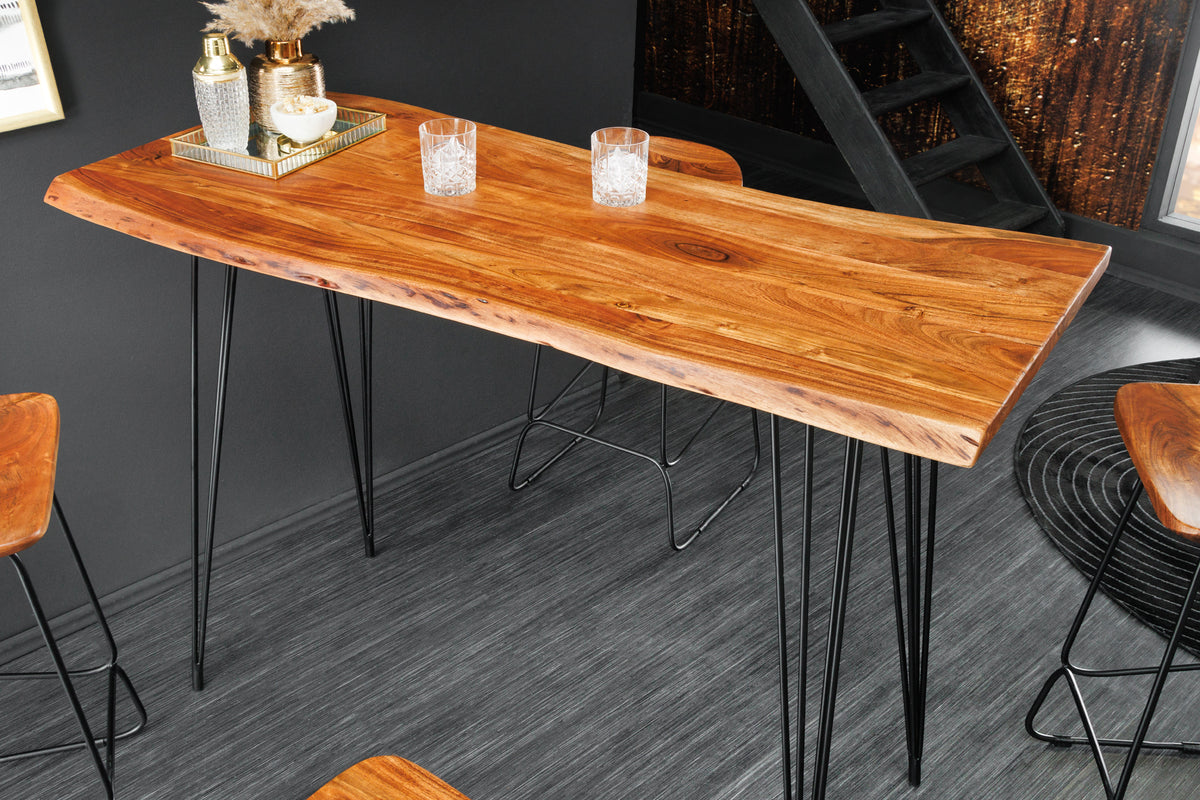 Massivholz Bartisch MAMMUT 140cm natur Akazie Baumkante Metall schwarz Hairpin Legs