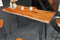 Massivholz Bartisch MAMMUT 140cm natur Akazie Baumkante Metall schwarz Hairpin Legs