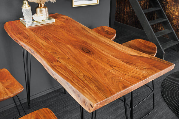 Massivholz Bartisch MAMMUT 140cm natur Akazie Baumkante Metall schwarz Hairpin Legs