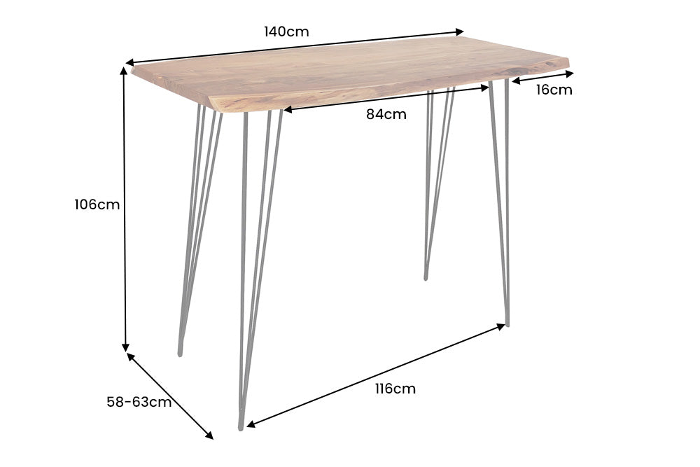 Massivholz Bartisch MAMMUT 140cm natur Akazie Baumkante Metall schwarz Hairpin Legs