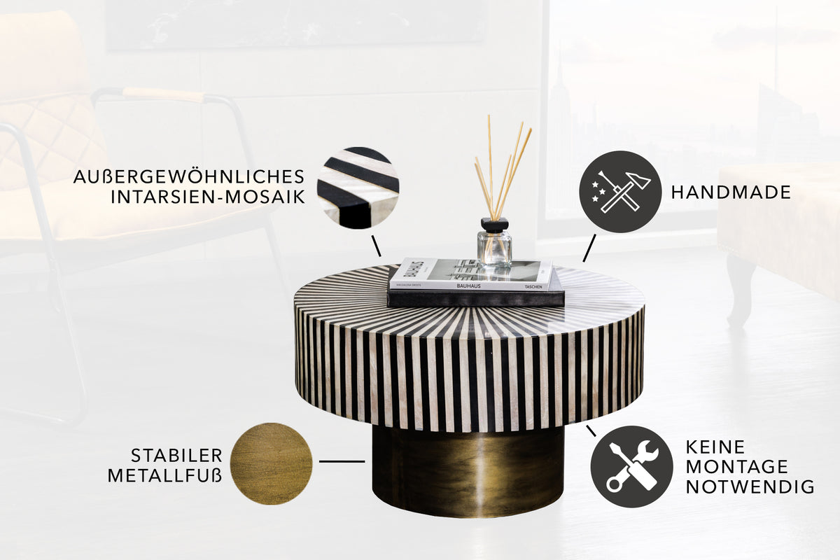 Bone Inlay Couchtisch HARMONY NATURE 60cm rund schwarz weiß gold Intarsien Kunsthandwerk