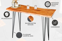 Massivholz Bartisch MAMMUT 140cm natur Akazie Baumkante Metall schwarz Hairpin Legs