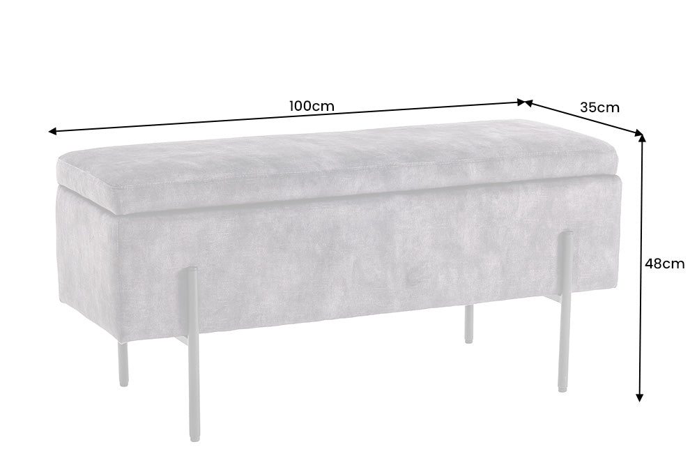 Moderne Truhenbank LOFT 100cm grau Samt Sitzbank mit Stauraum gespolstert schwarz Metall