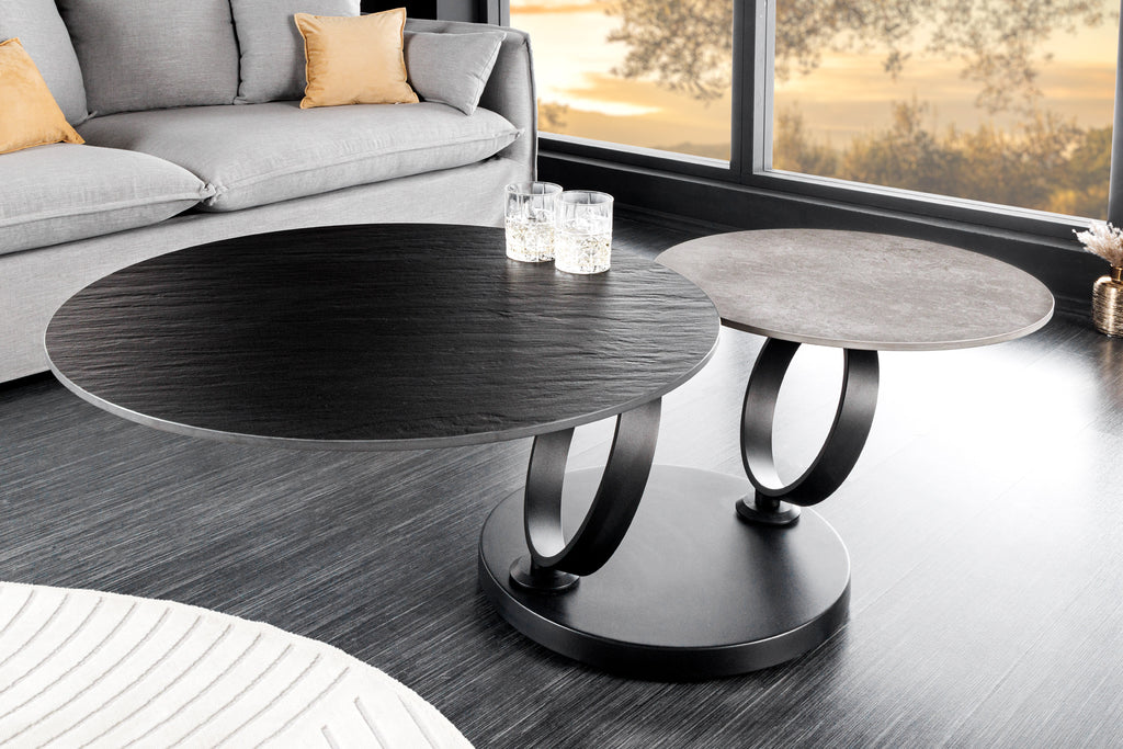 Drehbarer Couchtisch DANCING RINGS Beton Schiefer Keramik rund Metallf – Sitheim
