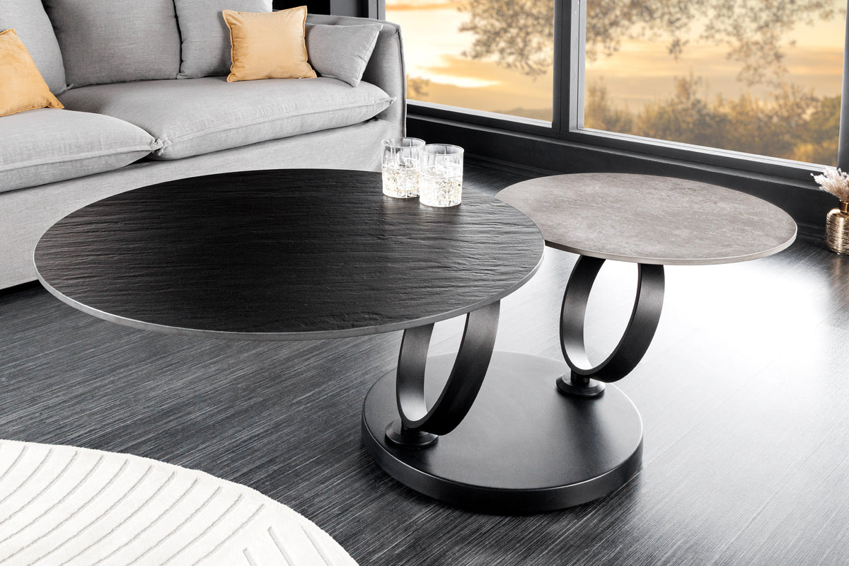 Drehbarer Couchtisch DANCING RINGS Beton Schiefer Keramik rund Metallfuß