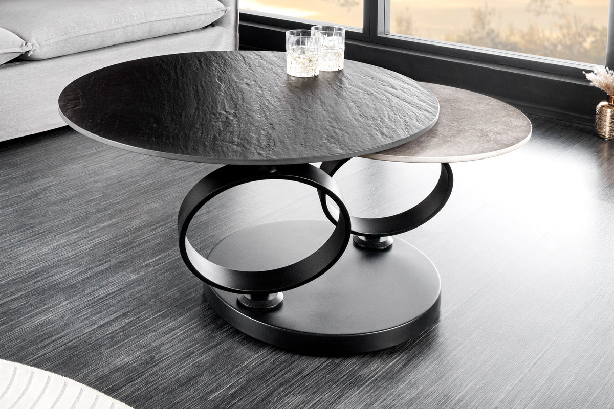 Drehbarer Couchtisch DANCING RINGS Beton Schiefer Keramik rund Metallfuß
