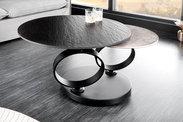 Drehbarer Couchtisch DANCING RINGS Beton Schiefer Keramik rund Metallfuß