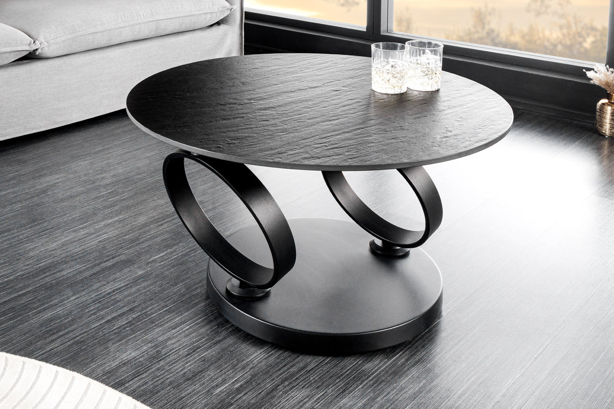 Drehbarer Couchtisch DANCING RINGS Beton Schiefer Keramik rund Metallfuß