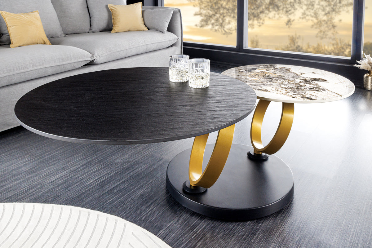 Drehbarer Couchtisch DANCING RINGS Beton Schiefer Keramik rund Metallfuß