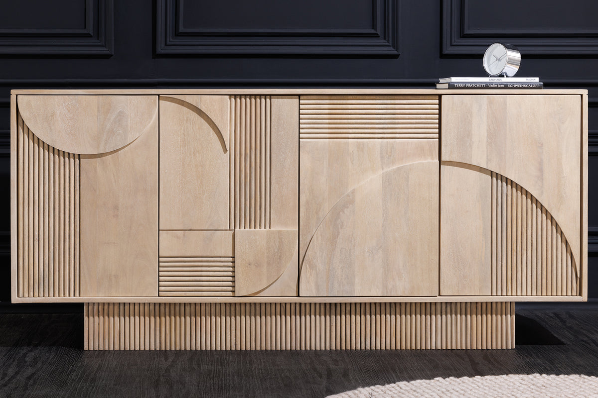 ART DECO Design Sideboard  170cm weiß gekälkt Mangoholz massiv 3D-Front