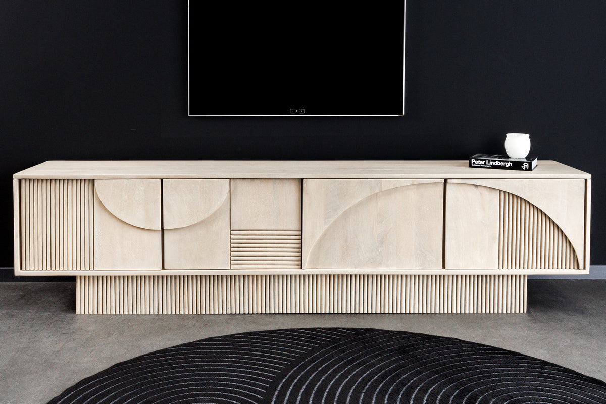 ART DECO Massivholz TV-Lowboard 200cm weiß gekälkt Mangoholz 3D-Front
