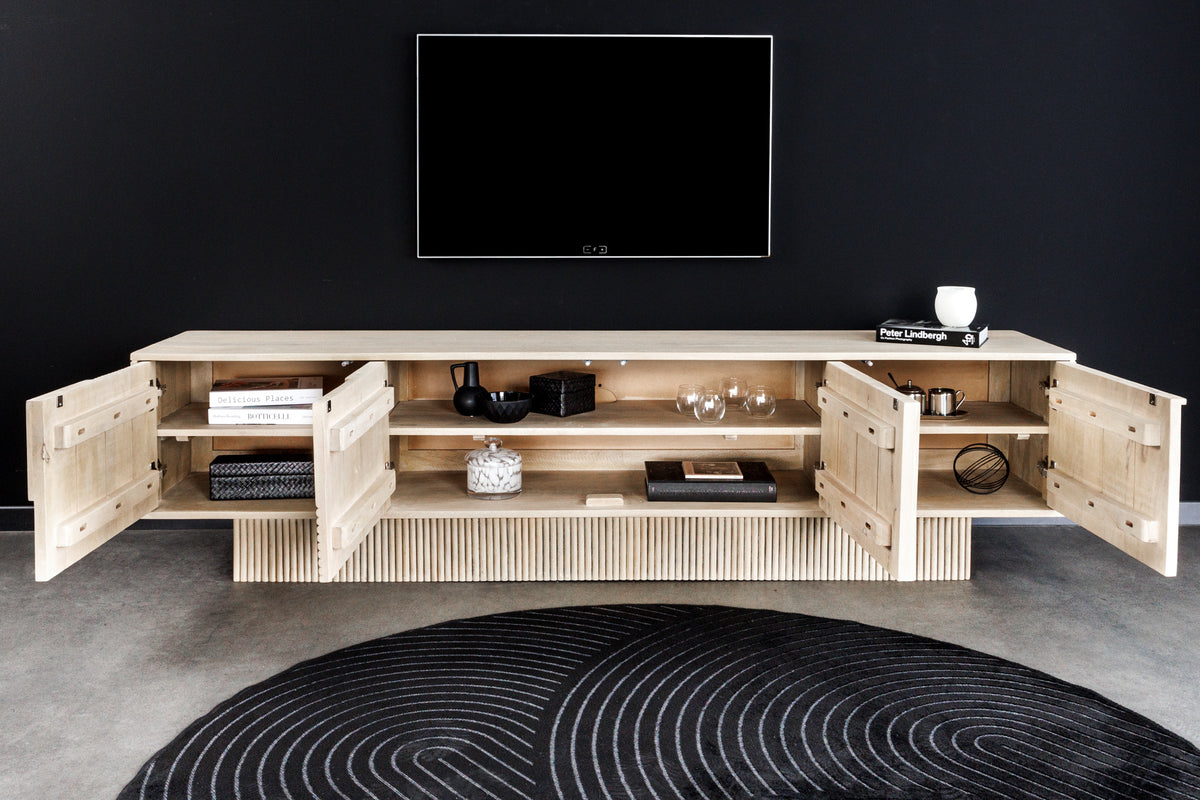 ART DECO Massivholz TV-Lowboard 200cm weiß gekälkt Mangoholz 3D-Front