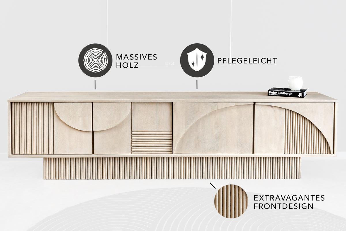 ART DECO Massivholz TV-Lowboard 200cm weiß gekälkt Mangoholz 3D-Front