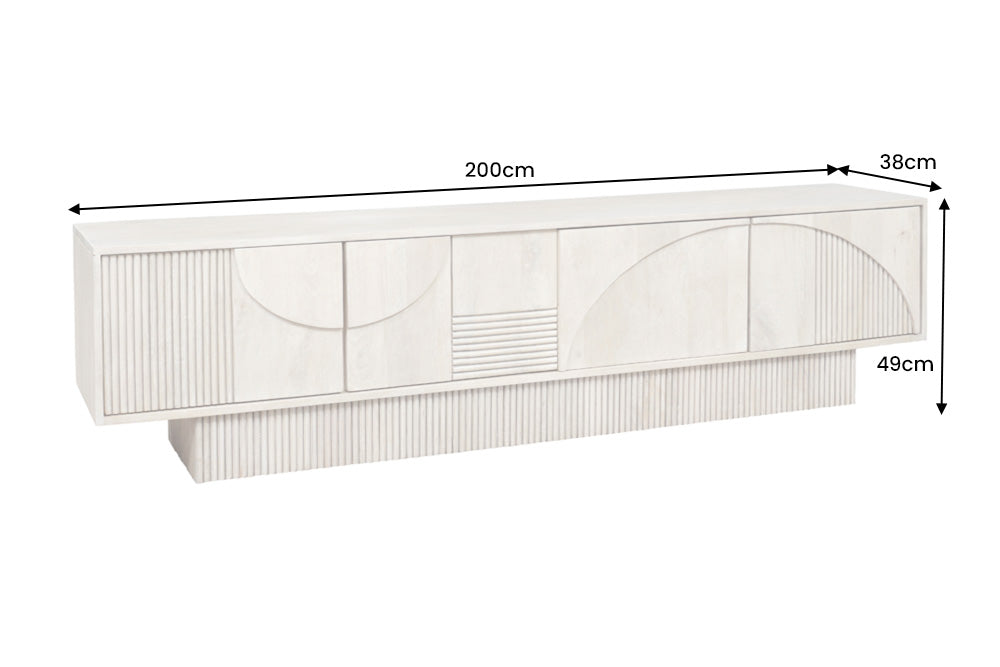 ART DECO Massivholz TV-Lowboard 200cm weiß gekälkt Mangoholz 3D-Front
