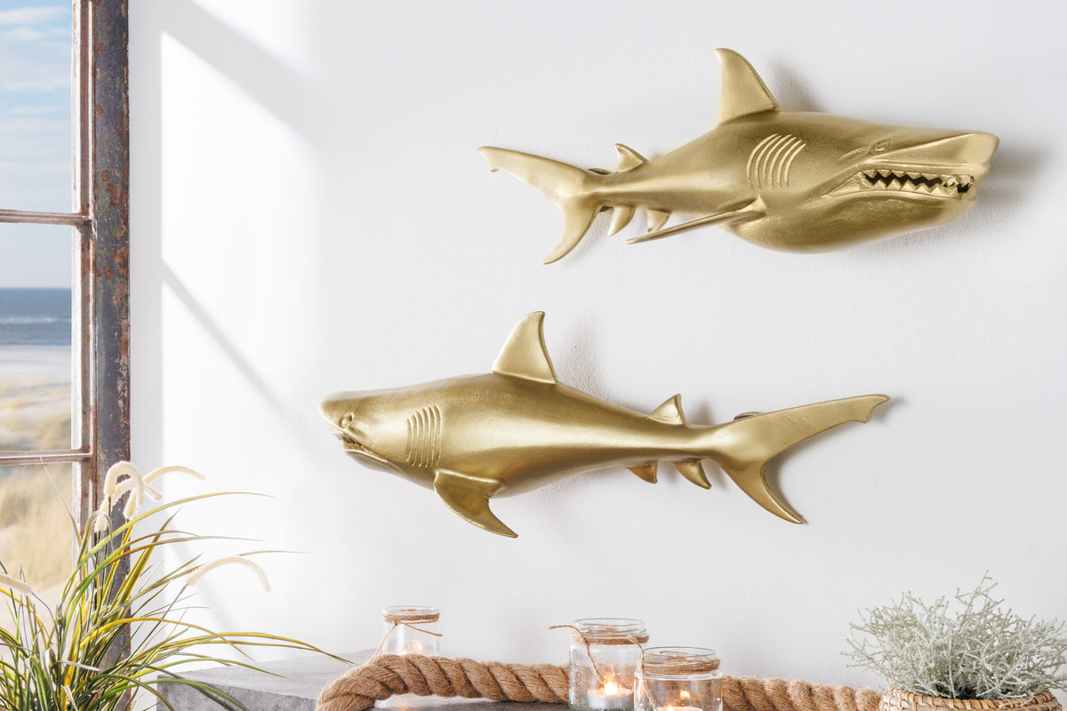 Maritime 2er Set Wanddekoration HAIE 68cm gold Metall handmade Haifisch Design Skulptur