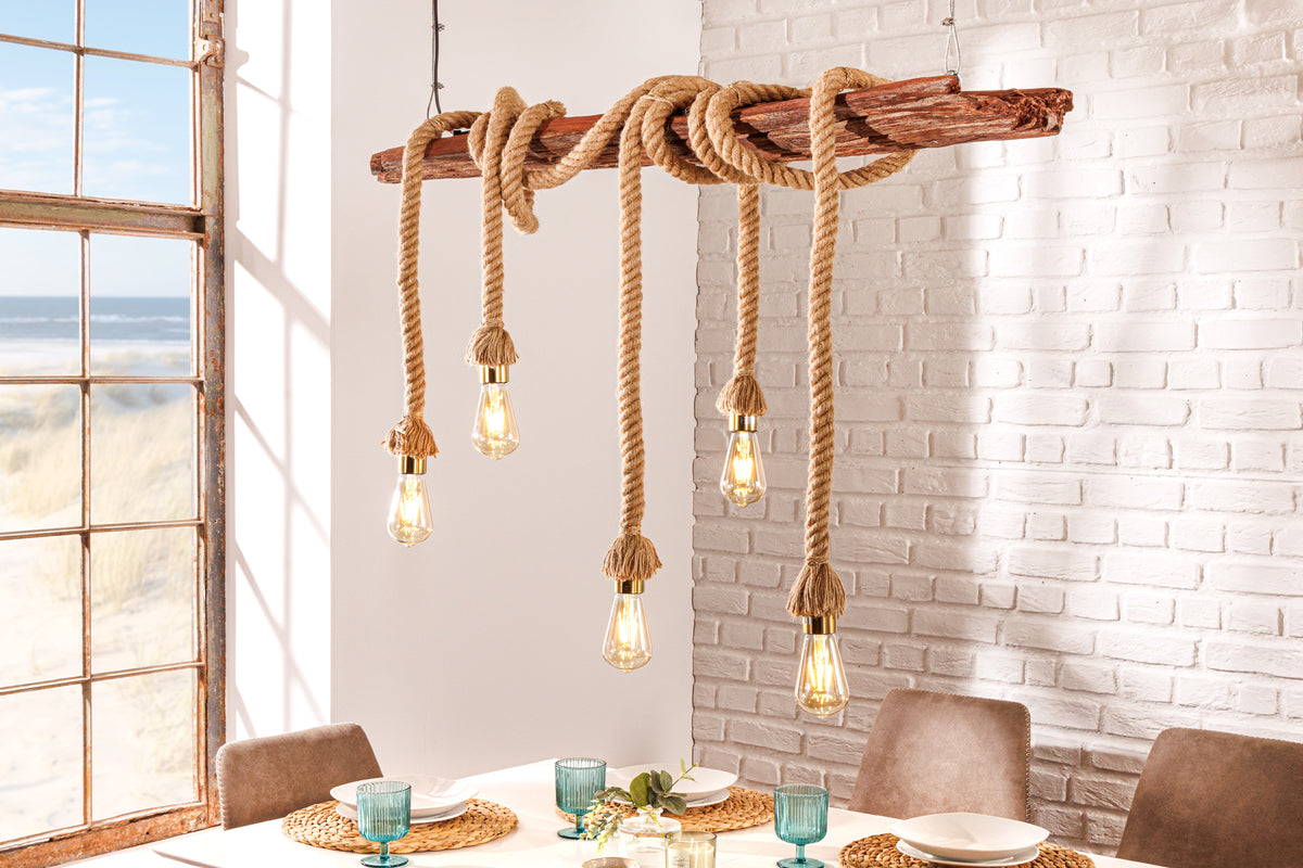 Maritime Hängeleuchte SEVEN SEAS 110cm Massivholz Seil Deckenlampe 5 Leuchten