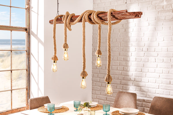 Maritime Hängeleuchte SEVEN SEAS 110cm Massivholz Seil Deckenlampe 5 Leuchten