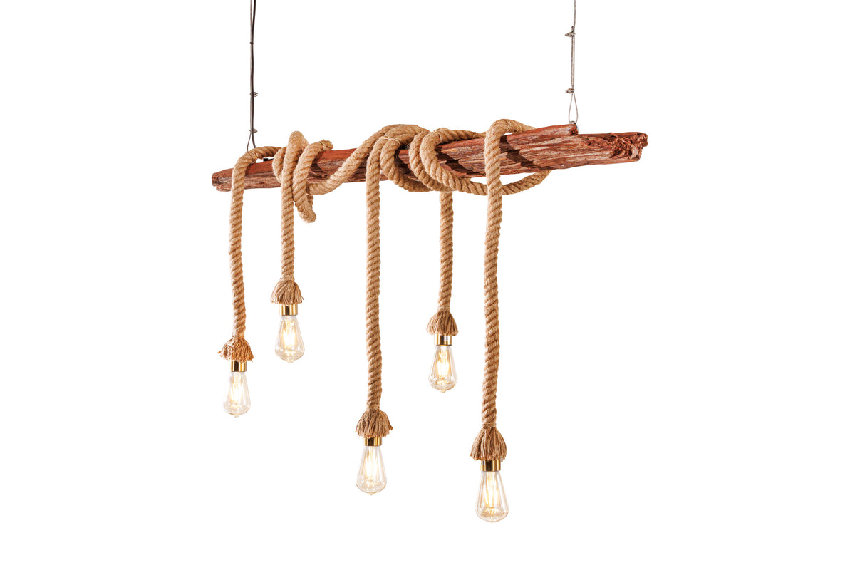 Maritime Hängeleuchte SEVEN SEAS 110cm Massivholz Seil Deckenlampe 5 Leuchten