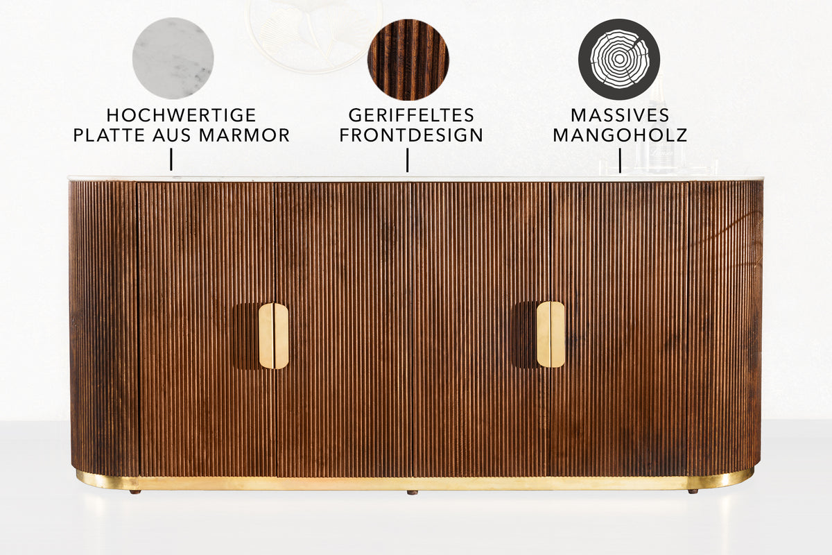 Design Sideboard GATSBY 170cm braun gold Mangoholz weiße Marmorplatte
