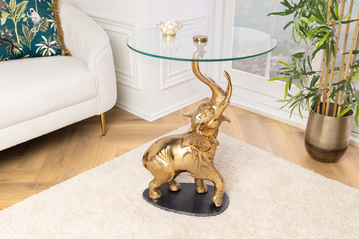 Runder Beistelltisch ELEPHANT 80cm Metall Glas Marmor Skulptur handmade