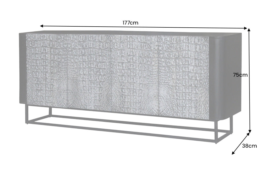 CROCO Handgefertigtes Sideboard 180cm grau schwarz Mangoholz mit 3D Schnitzereien massiv schwarz Metall