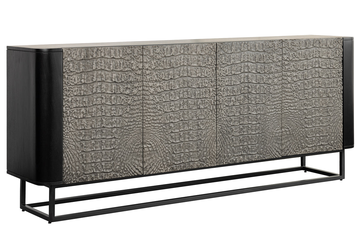 CROCO Handgefertigtes Sideboard 180cm grau schwarz Mangoholz mit 3D Schnitzereien massiv schwarz Metall
