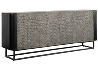 CROCO Handgefertigtes Sideboard 180cm grau schwarz Mangoholz mit 3D Schnitzereien massiv schwarz Metall