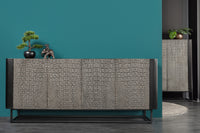CROCO Handgefertigtes Sideboard 180cm grau schwarz Mangoholz mit 3D Schnitzereien massiv schwarz Metall