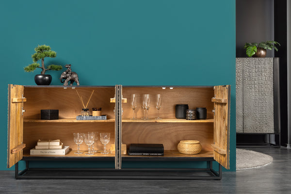 CROCO Handgefertigtes Sideboard 180cm grau schwarz Mangoholz mit 3D Schnitzereien massiv schwarz Metall