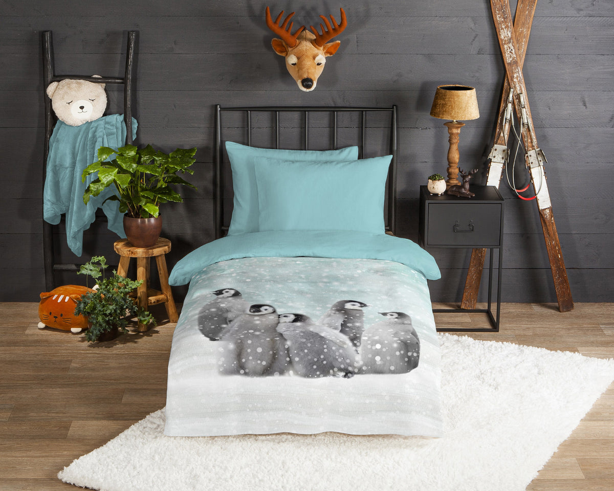Guten Morgen Flanellen Duvet Cover "Pengu" - Blau - Rits